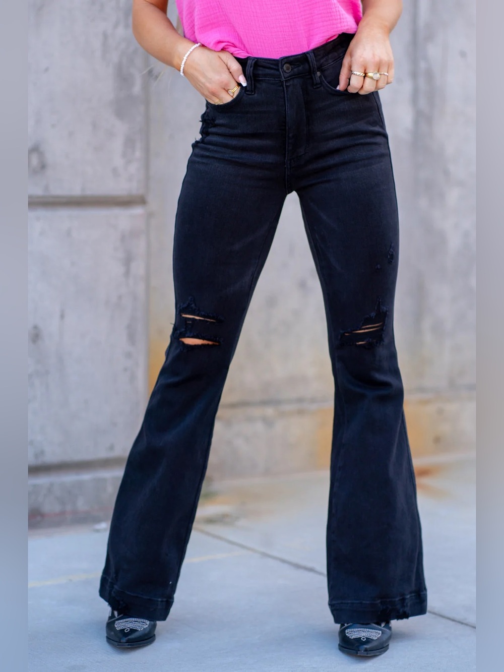 Judy Blue Night Out High Waist Distressed Flare Black Denim Jeans Size‎ 15|32